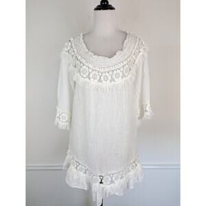 Scandal Italy Blouse Top Linen Embroidered Lace Gauzy Boho Summer White Size M
